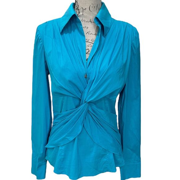 Trina Turk Cotton Twist Front V Neck Blouse in Turquoise - Picture 1 of 7